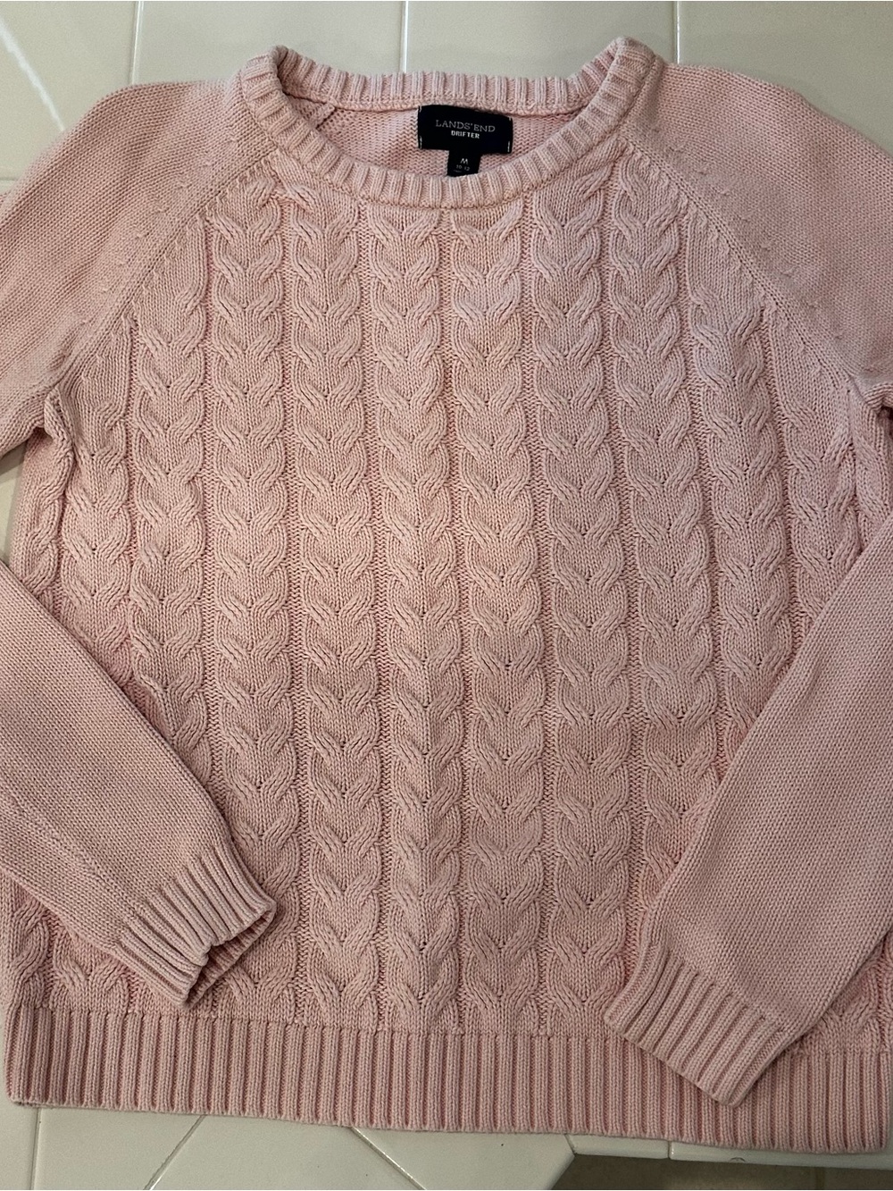 Lands' End Pink Cable-Front Crewneck Sweater 100% Cotton